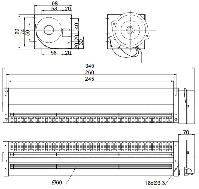 Φ60x245mm AC Cross Flow Fan PC60B2A245D