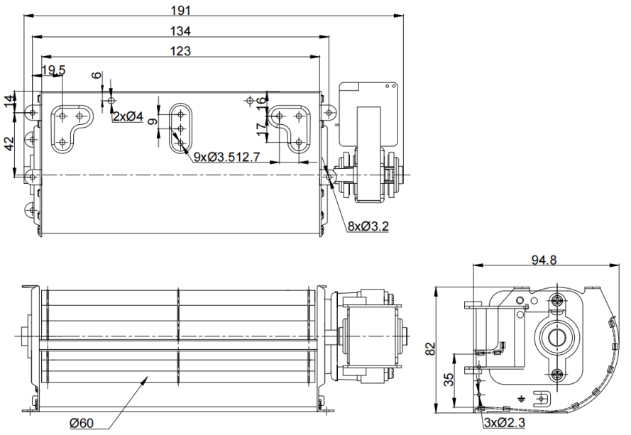 Φ60x123mm AC Cross Flow Fan PC60B2A123A