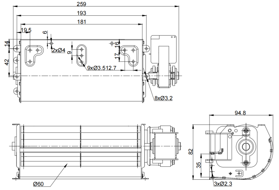 Φ60x181mm AC Cross Flow Fan PC60B2A181A