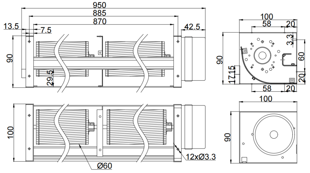 Φ60x870mm AC Cross Flow Fan PC60B2A870L