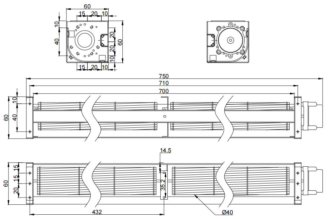 Φ40x700mm DC Cross Flow Fan PC40B24700L