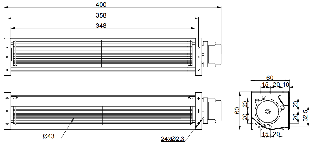 Φ43x348mm DC Cross Flow Fan PC43B24348A