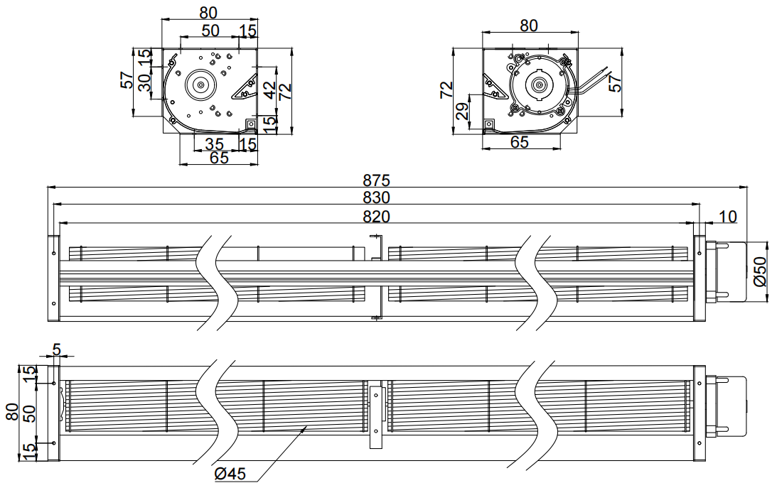 Φ45x820mm DC Cross Flow Fan PC45B24820L