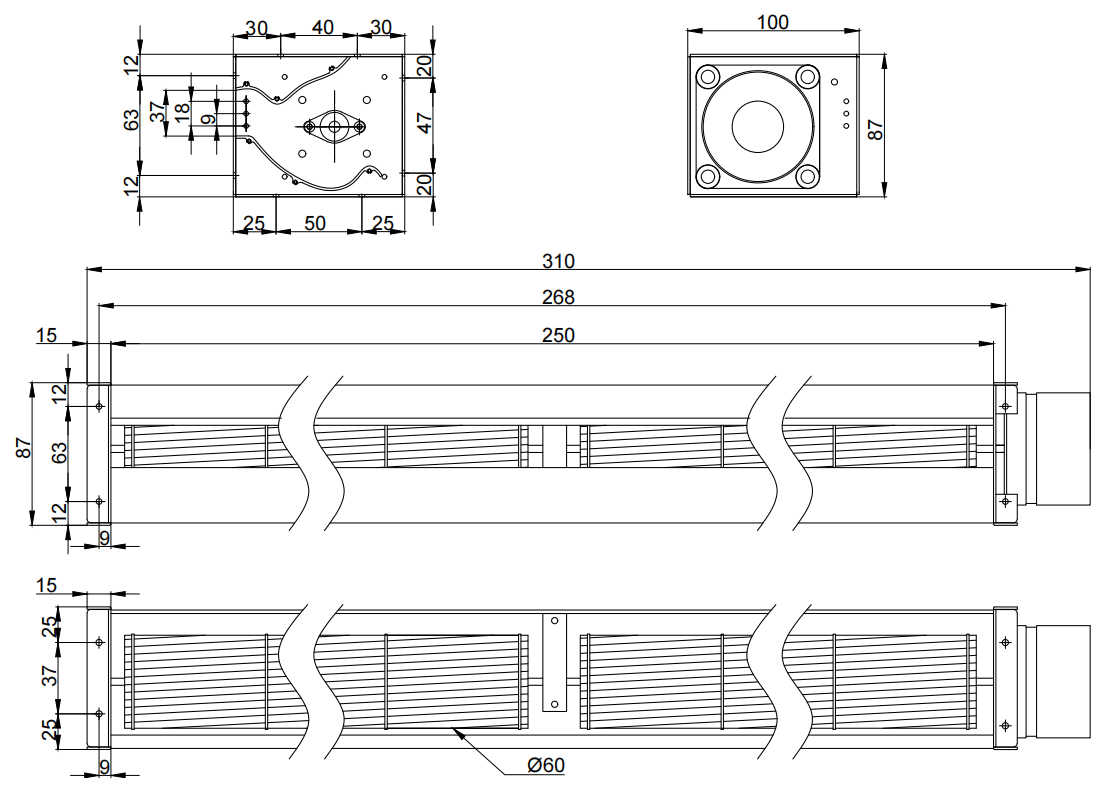 Φ60x250mm DC Cross Flow Fan PC60B24250Z