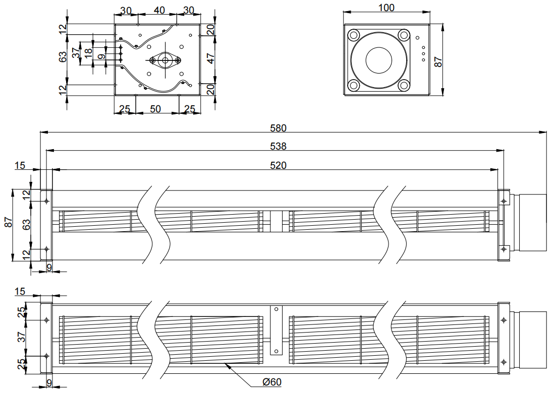 Φ60x520mm DC Cross Flow Fan PC60B24520Z