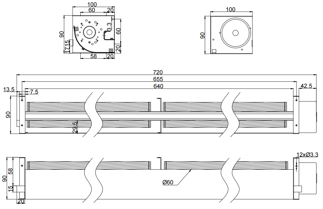 Φ60x640mm DC Cross Flow Fan PC60B24640L