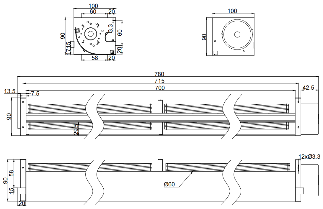 φ60x700mm dC cross flow fan PC60B24700L