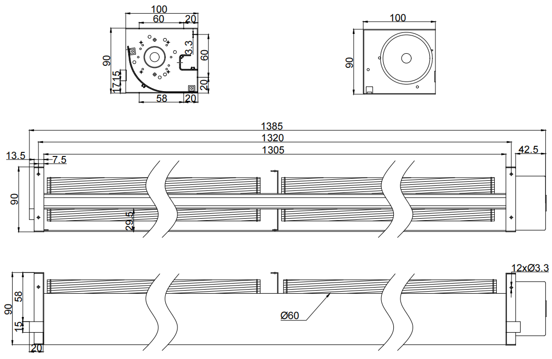φ60x1305mm dC cross flow fan PC60B241305L