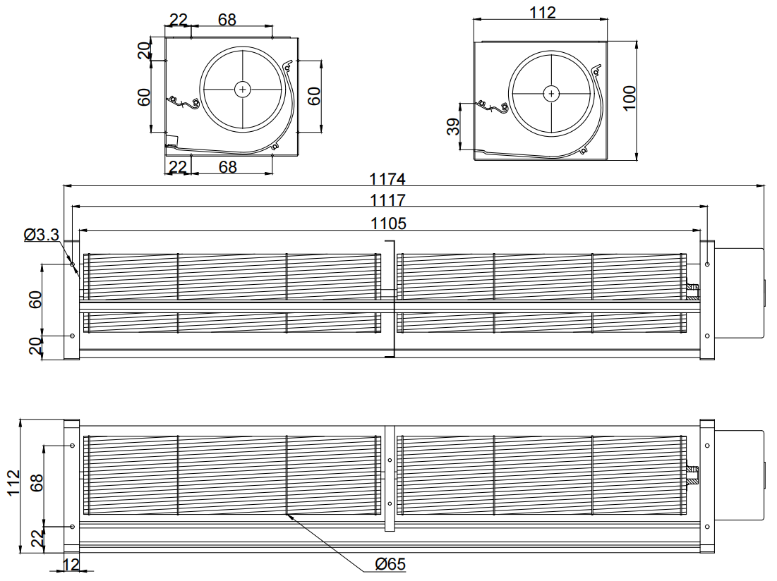Φ65x1105mm DC Cross Flow Fan PC65B241105L