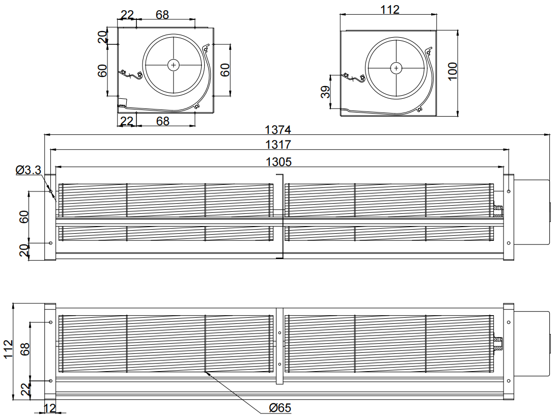 Φ65x1305mm DC Cross Flow Fan PC65B241305L